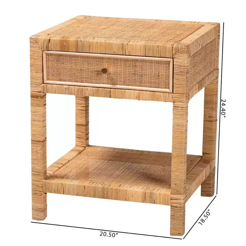 Table de chevet Adelia en rotin naturel et acajou avec 1 tiroir et une étagère - Baxton Studio