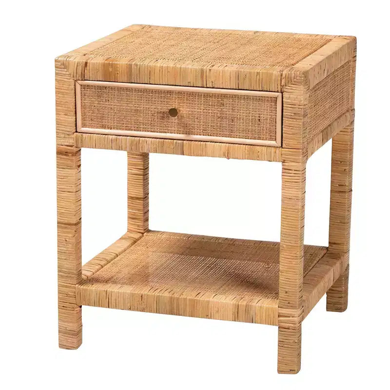 Table de chevet Adelia en rotin naturel et acajou avec 1 tiroir et une étagère - Baxton Studio