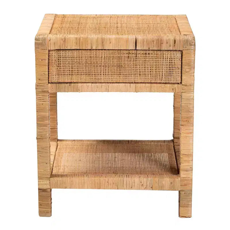 Table de chevet Adelia en rotin naturel et acajou avec 1 tiroir et une étagère - Baxton Studio