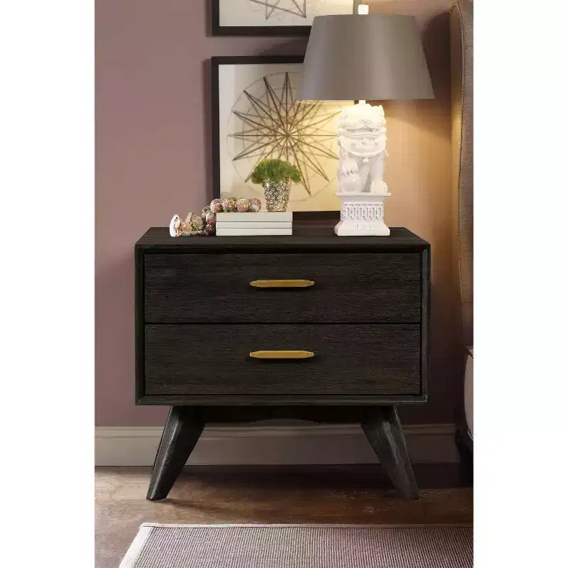 Table de chevet moderne Baly mi-siècle à 2 tiroirs marron - Armen Living : Table de chevet avec rangement, cadre en bois