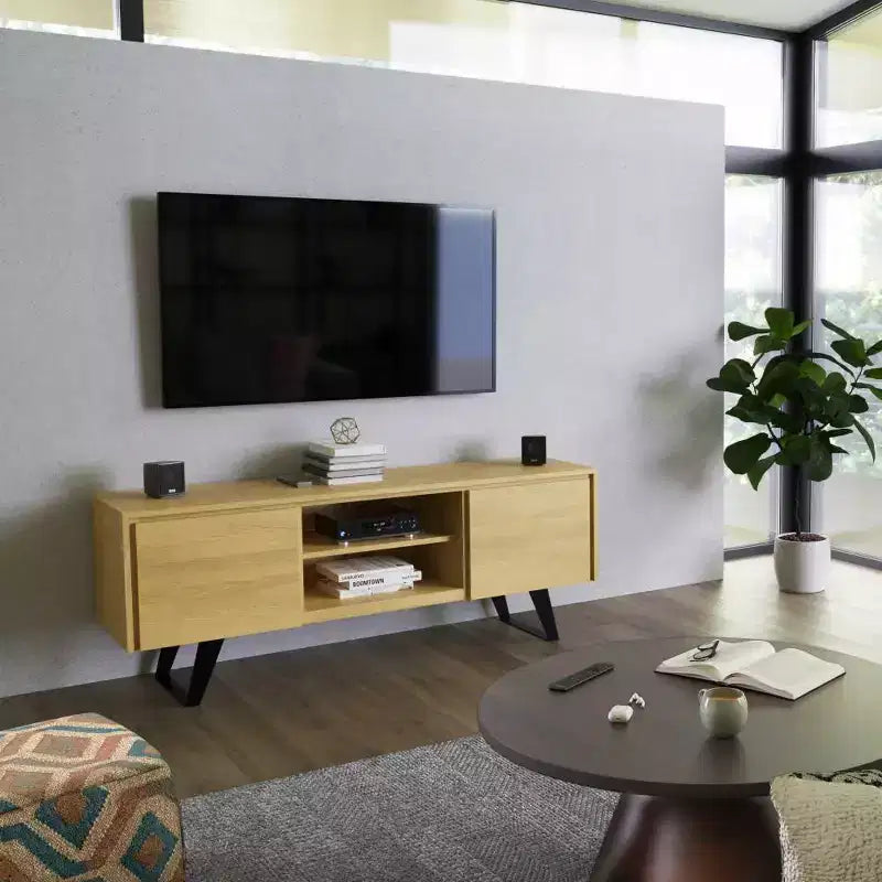 Meuble TV Mitchell pour téléviseurs jusqu'à 70" Chêne - WyndenHall : Bois massif, pieds en métal, crédence multimédia