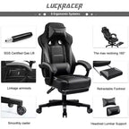 Chaise de jeu LUCKRACER avec repose-pieds, chaise de bureau à dossier haut, gris