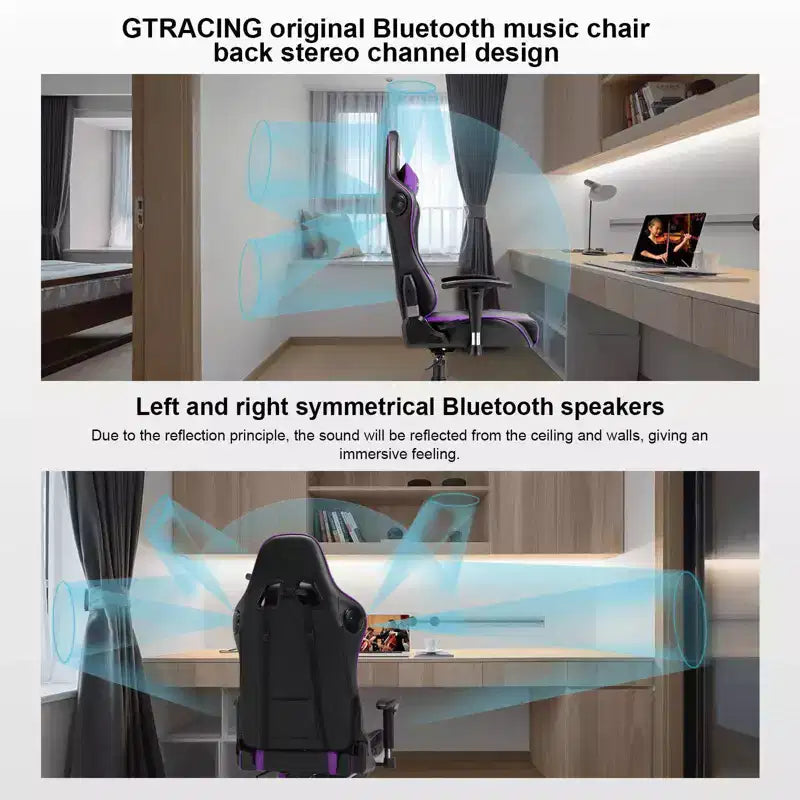 Chaise de gaming GTRACING avec haut-parleurs Bluetooth Chaise de bureau dossier haut en PU Violette