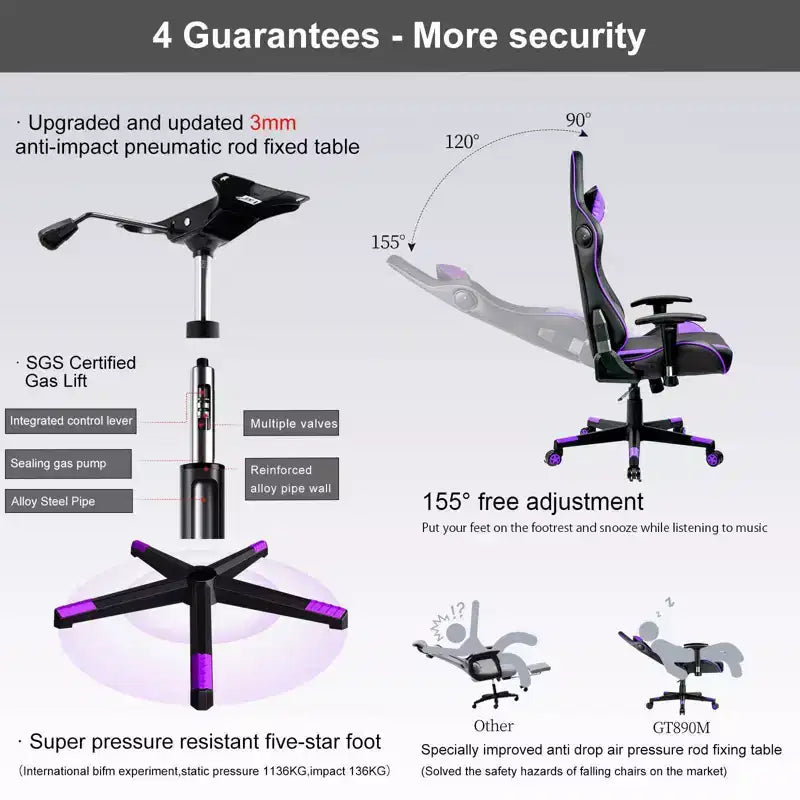 Chaise de gaming GTRACING avec haut-parleurs Bluetooth Chaise de bureau dossier haut en PU Violette