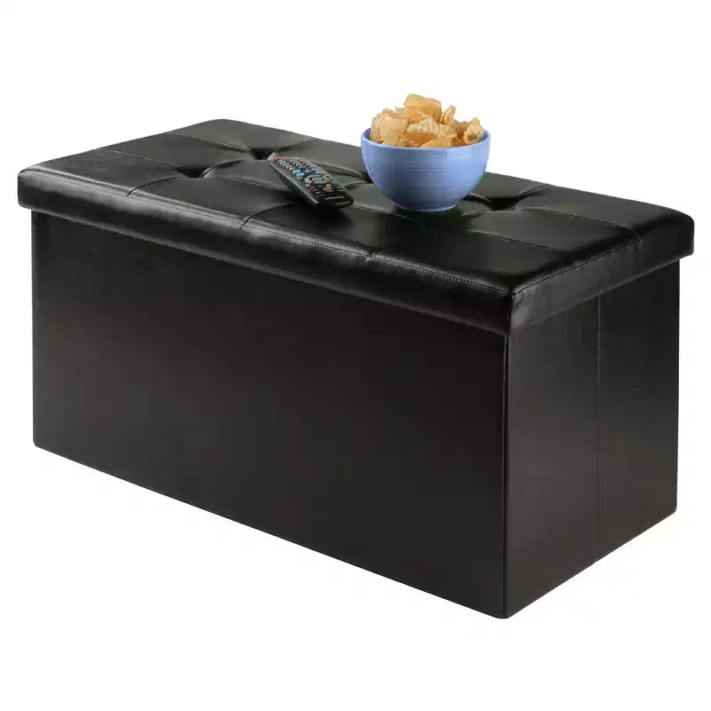 29,92" Pouf de rangement Ashford avec tabourets d'appoint en similicuir noir - Winsome