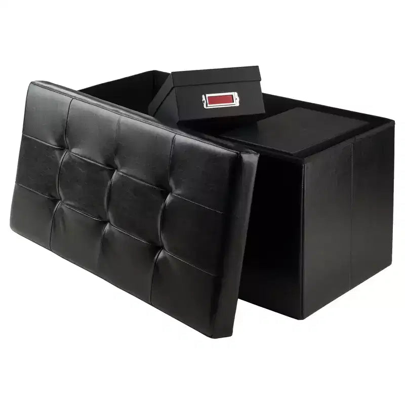 29,92" Pouf de rangement Ashford avec tabourets d'appoint en similicuir noir - Winsome