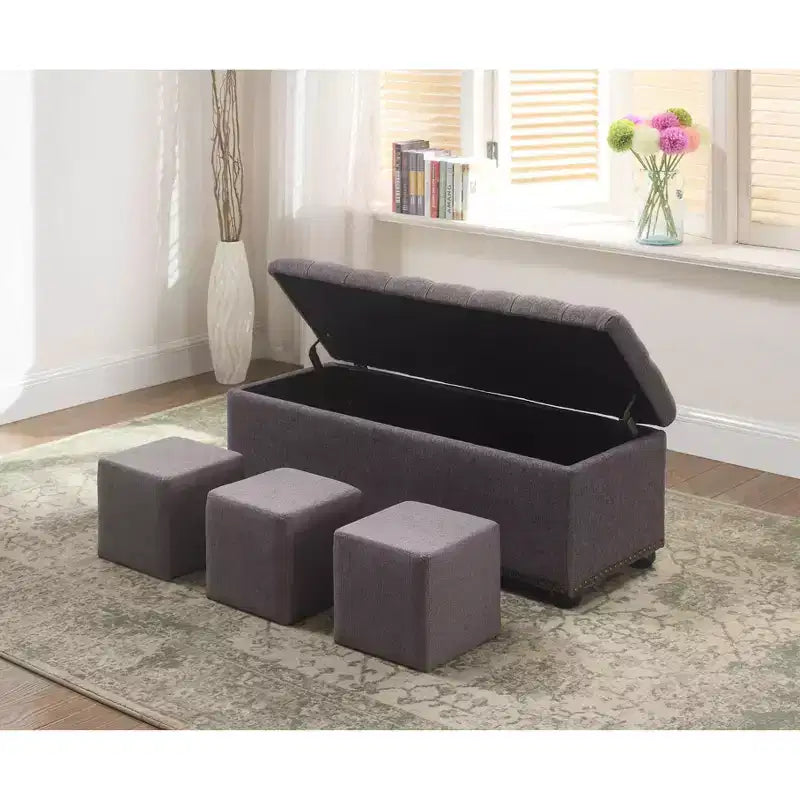 Banc de rangement capitonné 3 pièces avec pouf/siège gris - Ore International