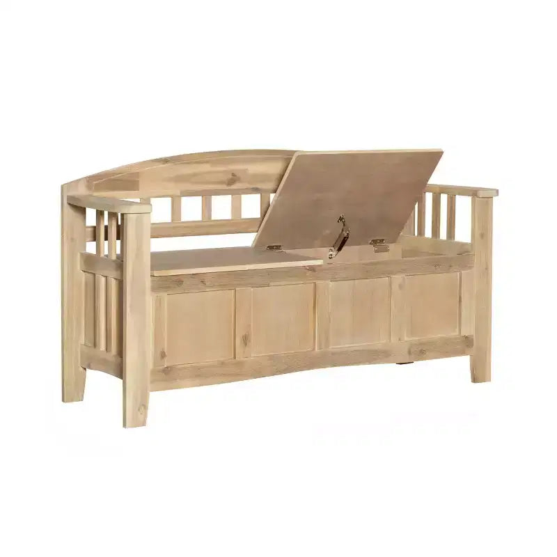 Banc de rangement en bois massif Linon Aria de 132 cm avec dossier et siège fendu, finition marron : Meuble d'entrée