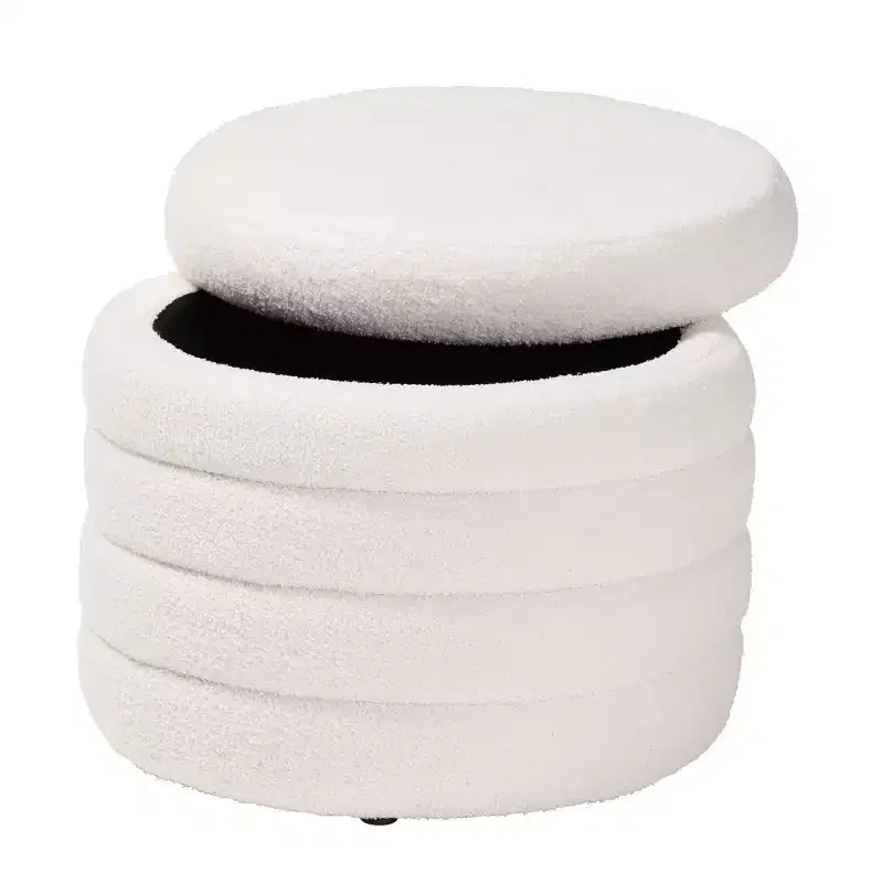 Tabitha Pouf de rangement rembourré en tissu bouclette ivoire - Baxton Studio : Rond contemporain, aucun assemblage requis