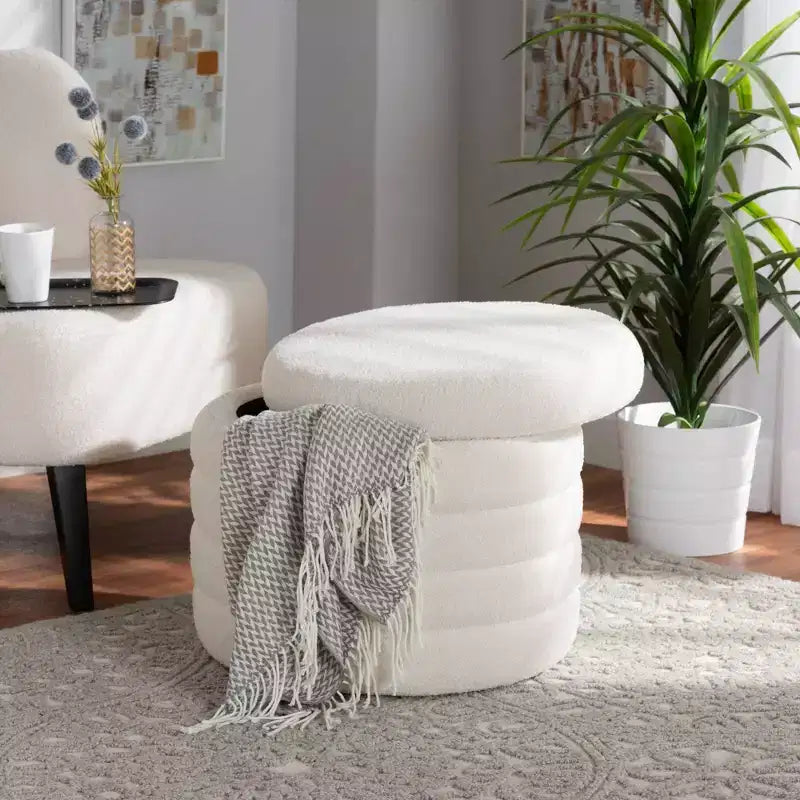 Tabitha Pouf de rangement rembourré en tissu bouclette ivoire - Baxton Studio : Rond contemporain, aucun assemblage requis