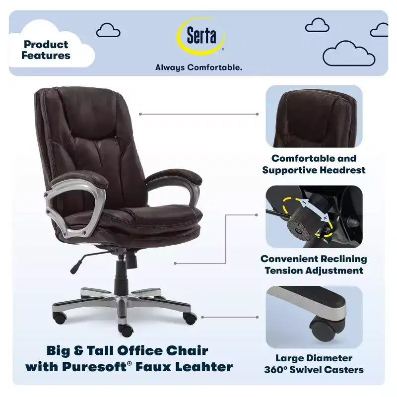 Chaise de bureau Serta Executive Big&Tall : Faux cuir Puresoft, Châtaigne rôtie, Capacité de 158 kg