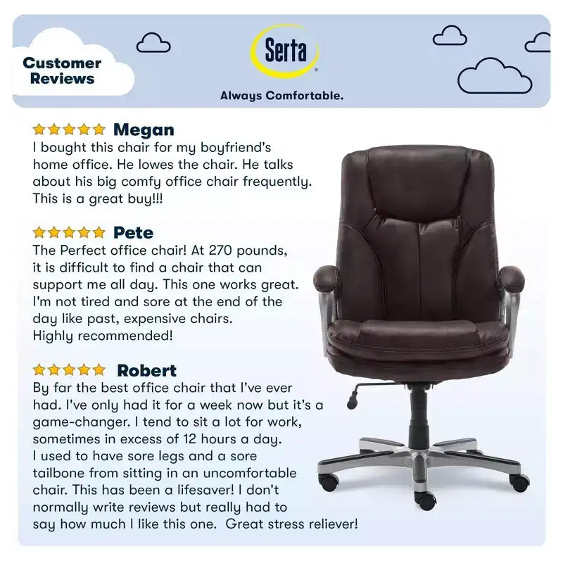 Chaise de bureau Serta Executive Big&Tall : Faux cuir Puresoft, Châtaigne rôtie, Capacité de 158 kg