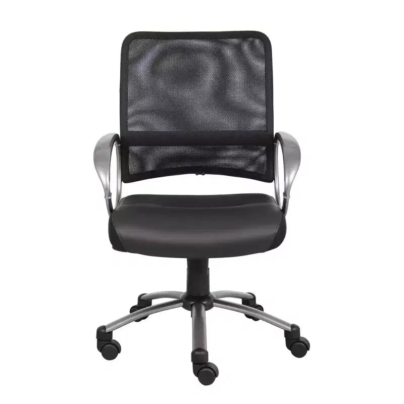 Chaise de bureau à dossier en maille finition étain, noire - Boss Office Products : Assise LeatherPlus, base métallique, fonction pivotante