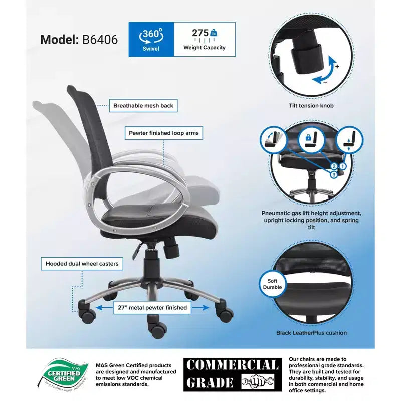 Chaise de bureau à dossier en maille finition étain, noire - Boss Office Products : Assise LeatherPlus, base métallique, fonction pivotante