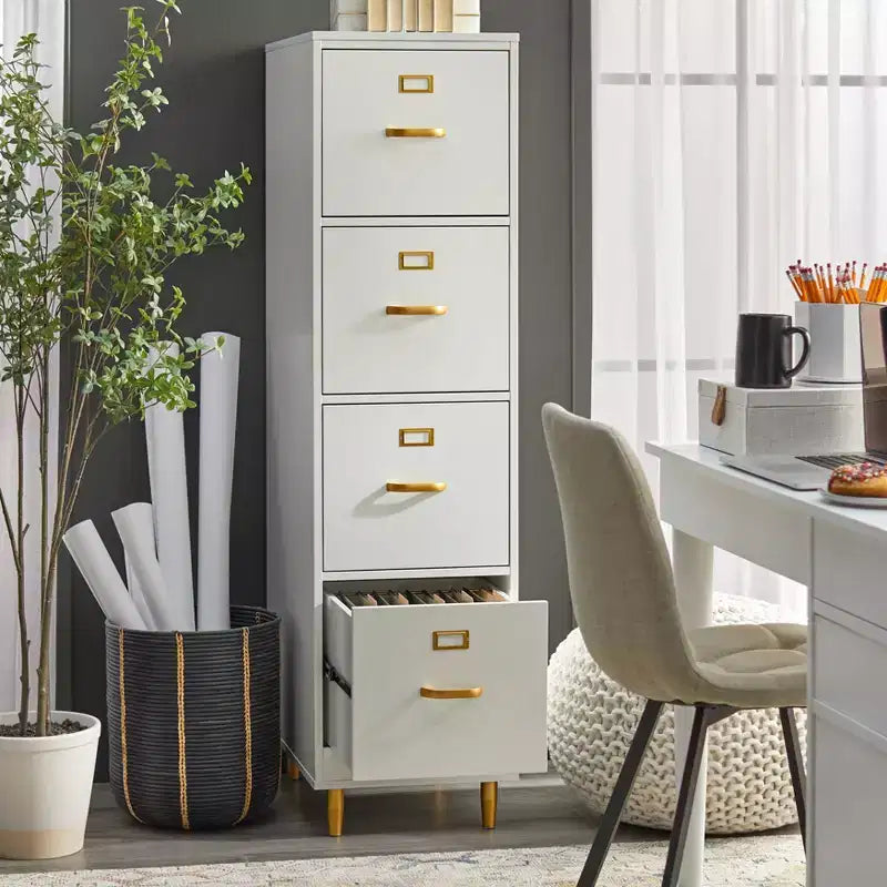 Classeur à 4 tiroirs Buylateral Dixie Blanc : Quincaillerie dorée, MDF, Design peu encombrant