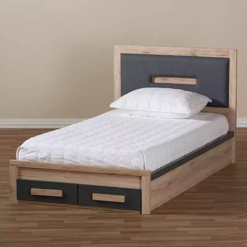Lit plateforme de rangement Baxton Studio Twin Pandora moderne et contemporain deux tons 2 tiroirs Gris foncé/naturel : Tête de lit rembourrée