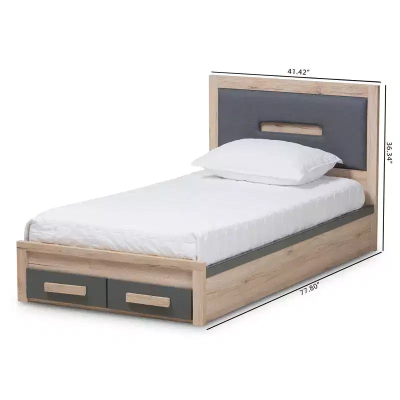 Lit plateforme de rangement Baxton Studio Twin Pandora moderne et contemporain deux tons 2 tiroirs Gris foncé/naturel : Tête de lit rembourrée