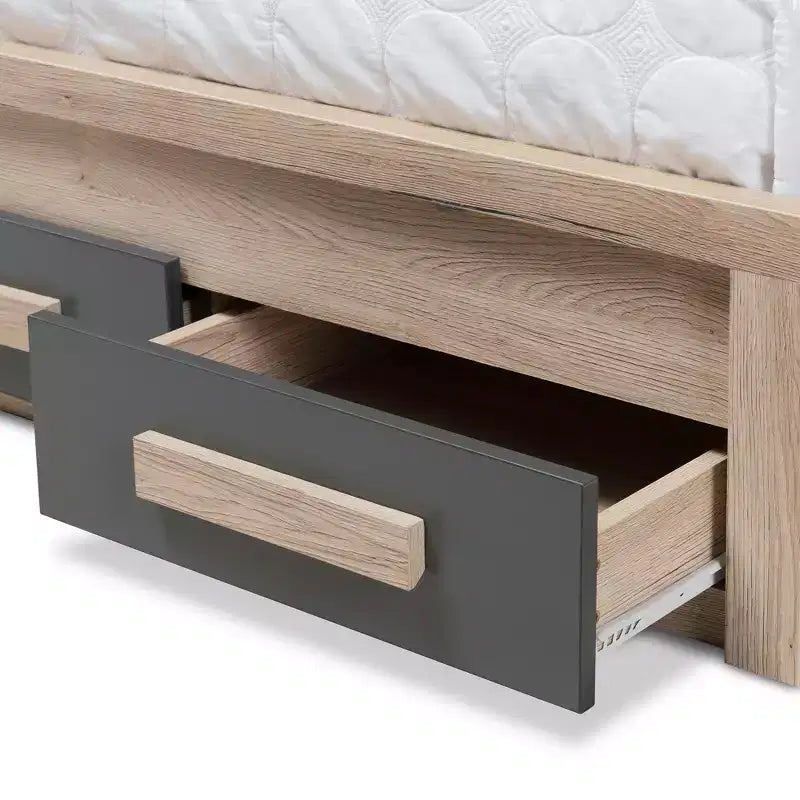 Lit plateforme de rangement Baxton Studio Twin Pandora moderne et contemporain deux tons 2 tiroirs Gris foncé/naturel : Tête de lit rembourrée
