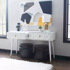 Console glamour géométrique de 55,5 po à 2 tiroirs avec poignées dorées, blanc éclatant - Linon : Rangement étroit pour entrée, design moderne