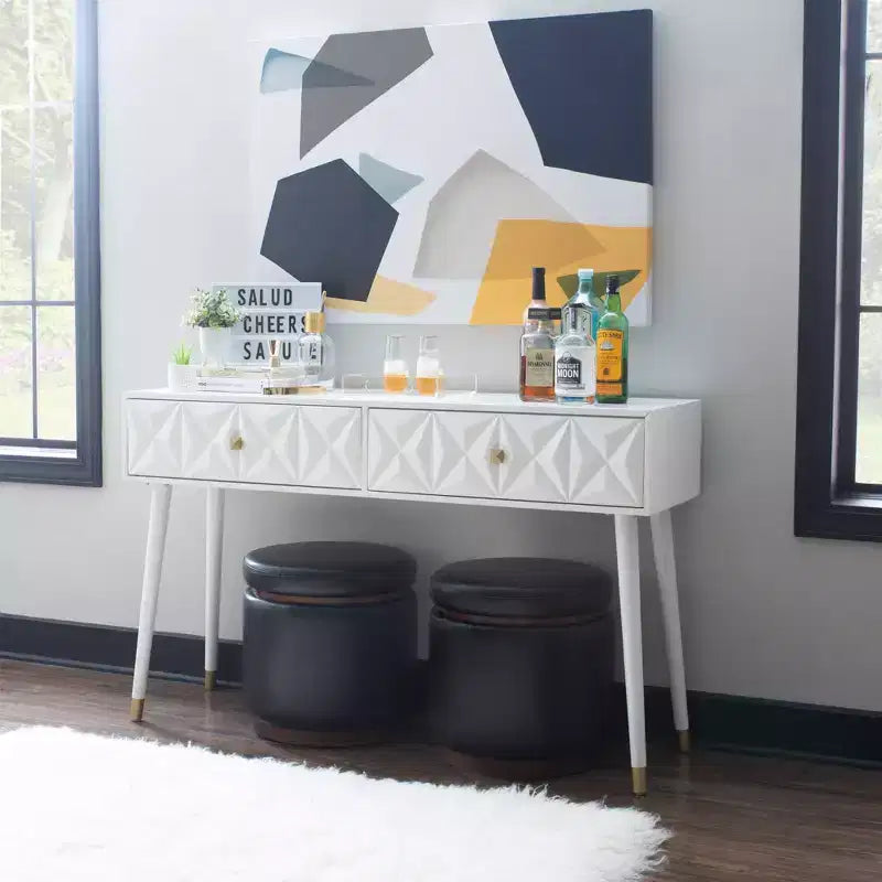 Console glamour géométrique de 55,5 po à 2 tiroirs avec poignées dorées, blanc éclatant - Linon : Rangement étroit pour entrée, design moderne
