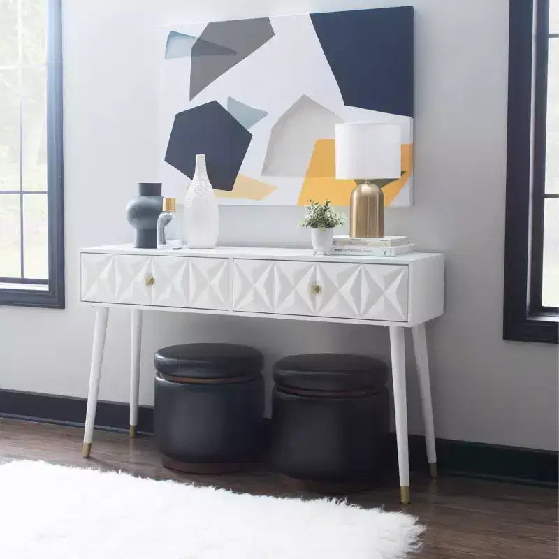 Console glamour géométrique de 55,5 po à 2 tiroirs avec poignées dorées, blanc éclatant - Linon : Rangement étroit pour entrée, design moderne