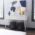 Console glamour géométrique de 55,5 po à 2 tiroirs avec poignées dorées, blanc éclatant - Linon : Rangement étroit pour entrée, design moderne