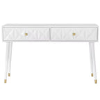 Console glamour géométrique de 55,5 po à 2 tiroirs avec poignées dorées, blanc éclatant - Linon : Rangement étroit pour entrée, design moderne