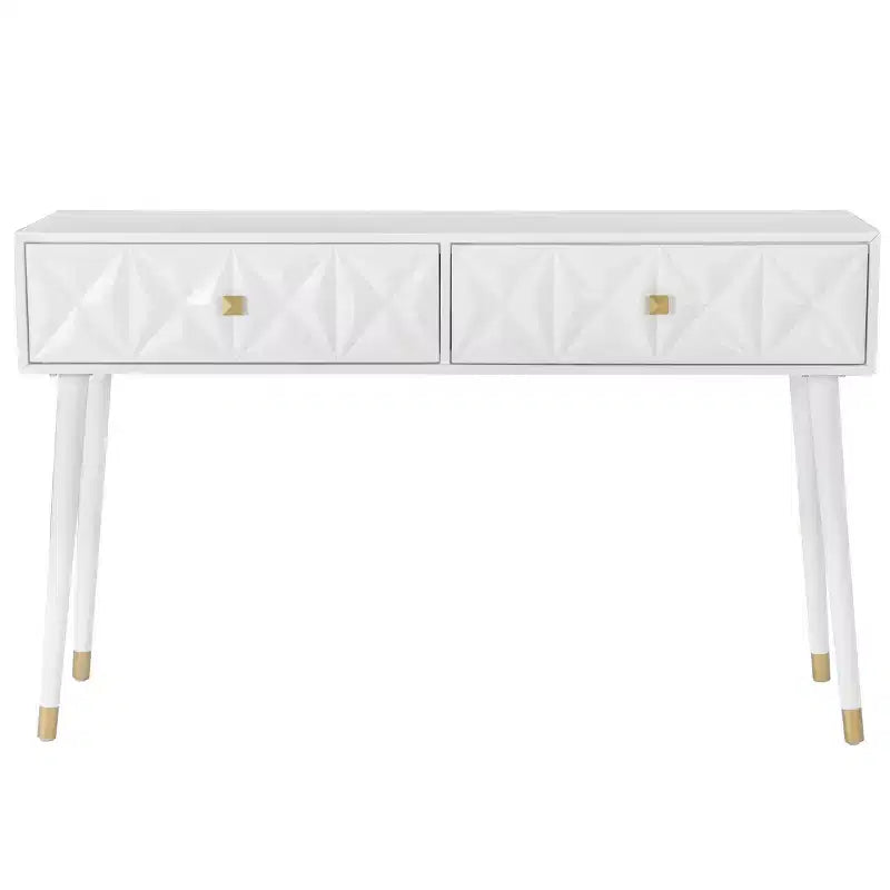 Console glamour géométrique de 55,5 po à 2 tiroirs avec poignées dorées, blanc éclatant - Linon : Rangement étroit pour entrée, design moderne