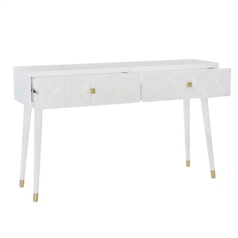 Console glamour géométrique de 55,5 po à 2 tiroirs avec poignées dorées, blanc éclatant - Linon : Rangement étroit pour entrée, design moderne