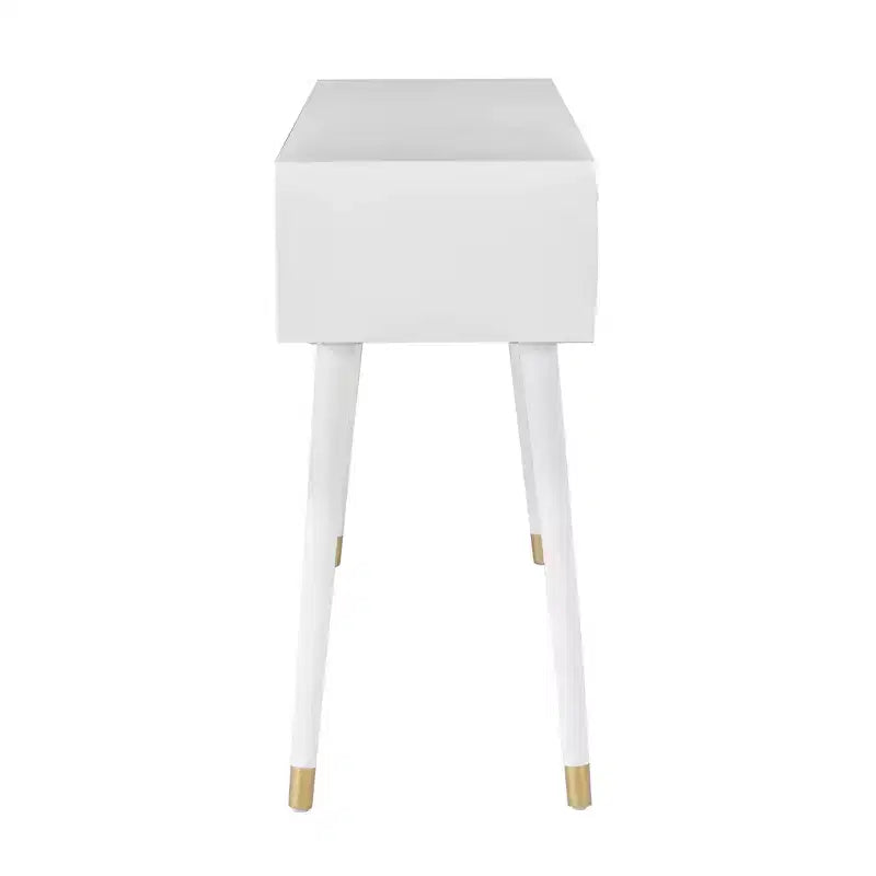 Console glamour géométrique de 55,5 po à 2 tiroirs avec poignées dorées, blanc éclatant - Linon : Rangement étroit pour entrée, design moderne