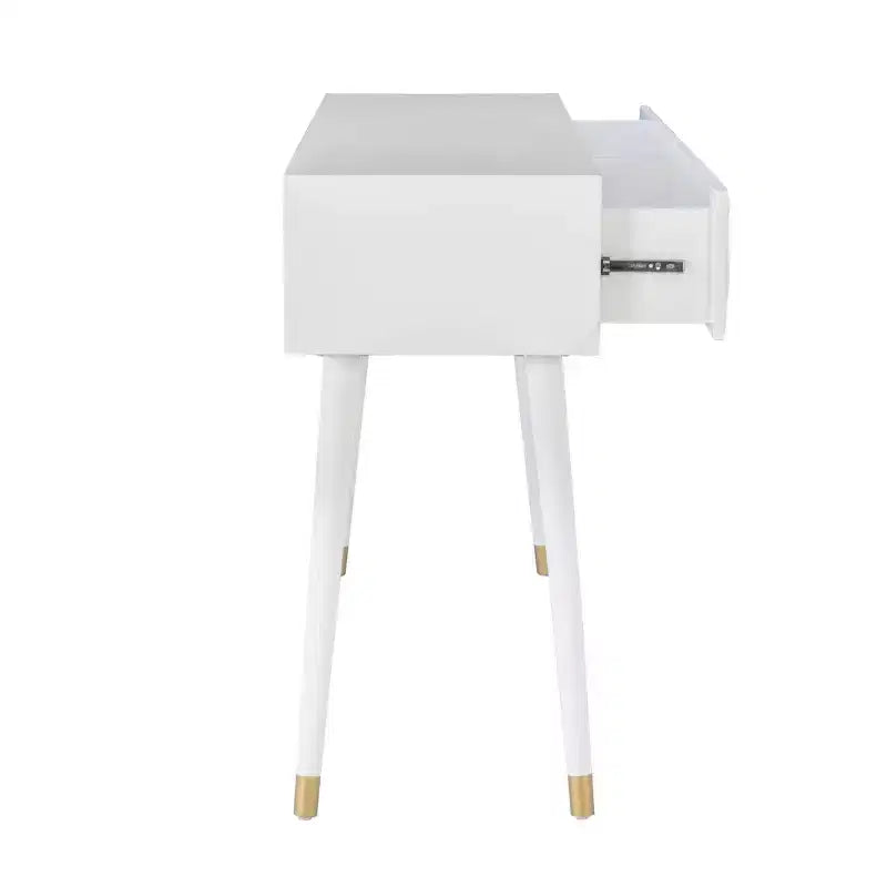 Console glamour géométrique de 55,5 po à 2 tiroirs avec poignées dorées, blanc éclatant - Linon : Rangement étroit pour entrée, design moderne