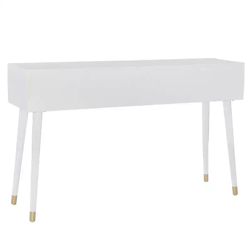 Console glamour géométrique de 55,5 po à 2 tiroirs avec poignées dorées, blanc éclatant - Linon : Rangement étroit pour entrée, design moderne
