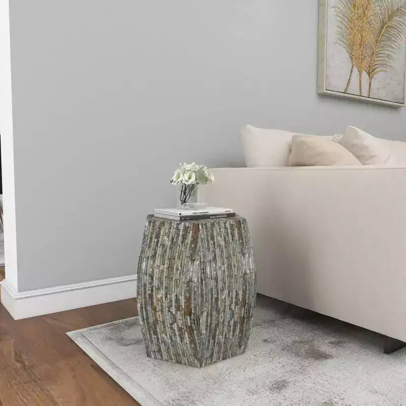 Table d'appoint hexagonale en bois et coquillage - Olivia & May : Style bohème Capiz, aucun assemblage requis