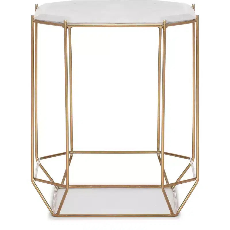 Table d'appoint Finch Colton à plateau en marbre massif avec base en métal blanc/doré : Style Glamour de luxe, Cadre en fer, Forme carrée