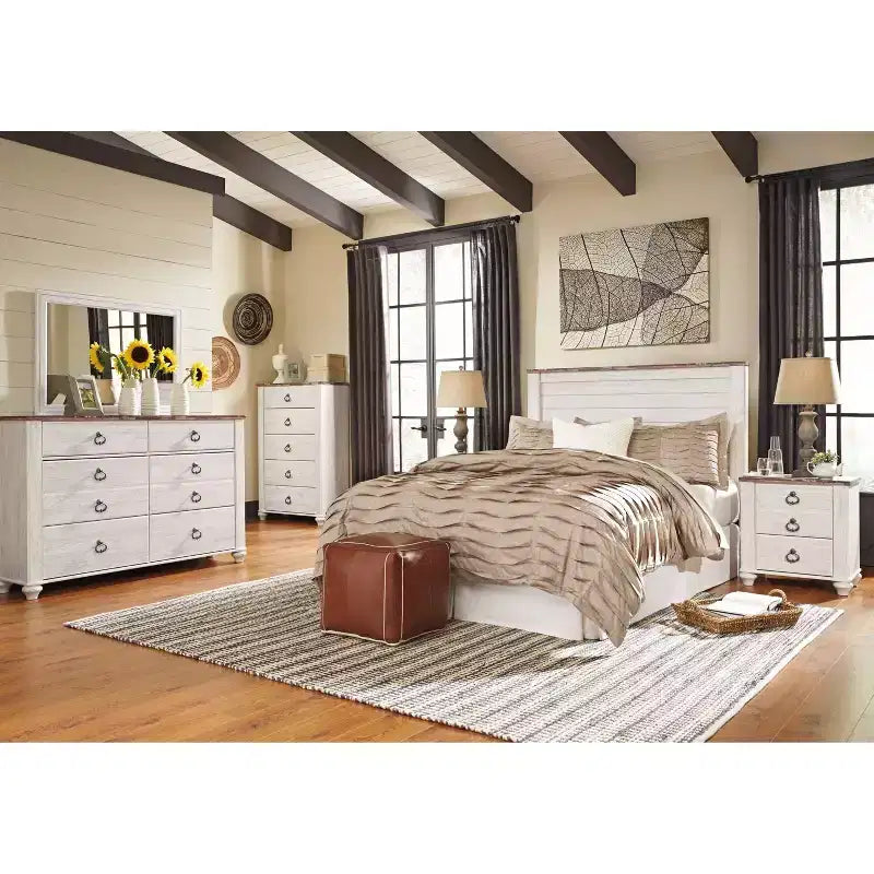 Tête de lit Queen Willowton Whitewash – Signature Design by Ashley : Stratifié imitation bois, Fixation sur cadre de lit