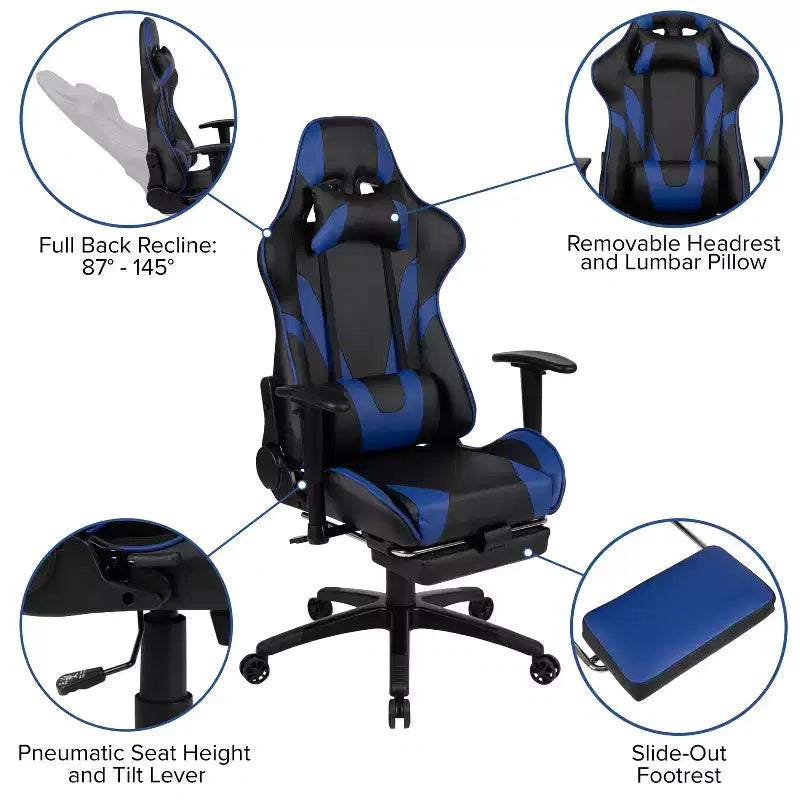 Chaise de jeu ergonomique Emma and Oliver Racing avec dossier inclinable et repose-pieds en similicuir rouge