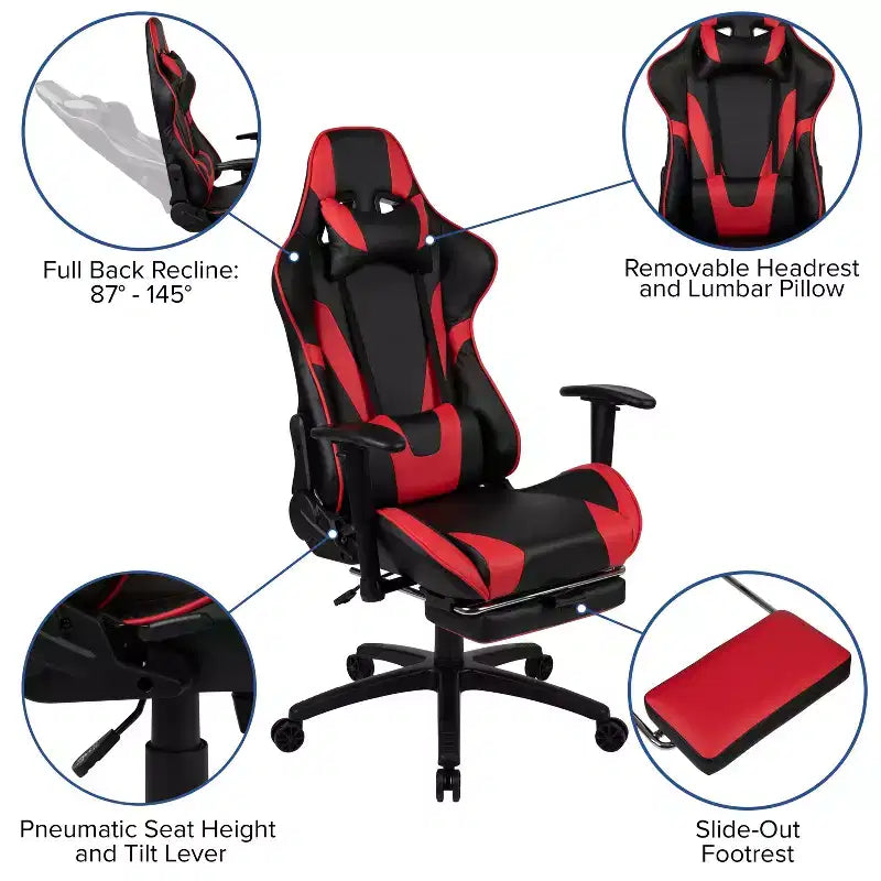 Chaise de jeu ergonomique Emma and Oliver Racing avec dossier inclinable et repose-pieds en similicuir rouge