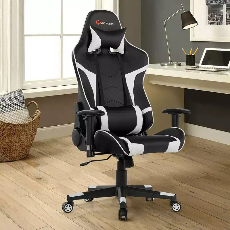 Chaise de bureau de jeu de massage inclinable et pivotante Costway avec support lombaire