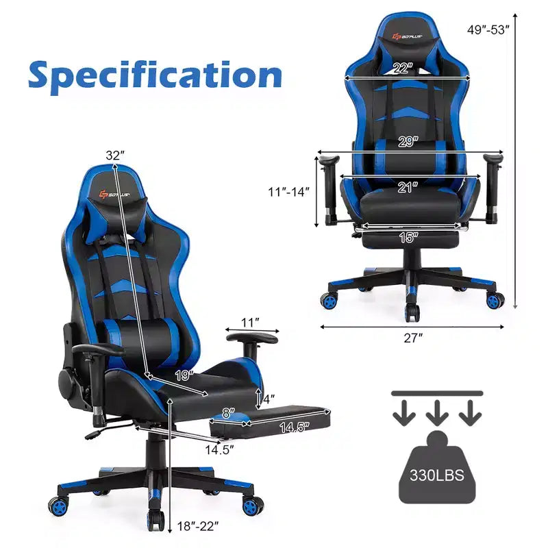 Chaise de bureau de massage gamer inclinable et pivotante Costway Racing avec repose-pieds