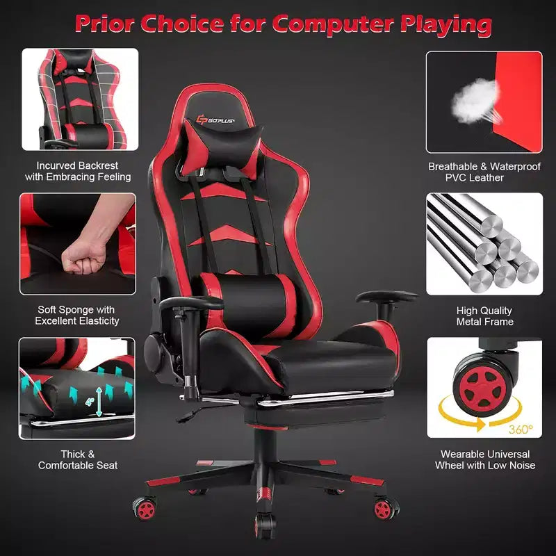 Costway Chaise de bureau gamer inclinable et pivotante avec repose-pieds de massage