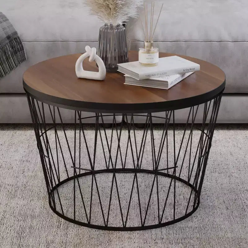 Round Coffee Table with Geometric Metal Base  Modern Accent Table for Living Room  Mid-Century Coffee Table by Lavish Home (Brown/Black)