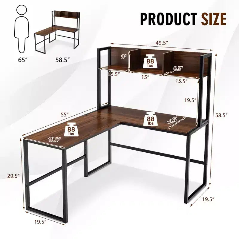 Bureau d'ordinateur d'angle en forme de L de 55 pouces avec étagère de rangement Costway