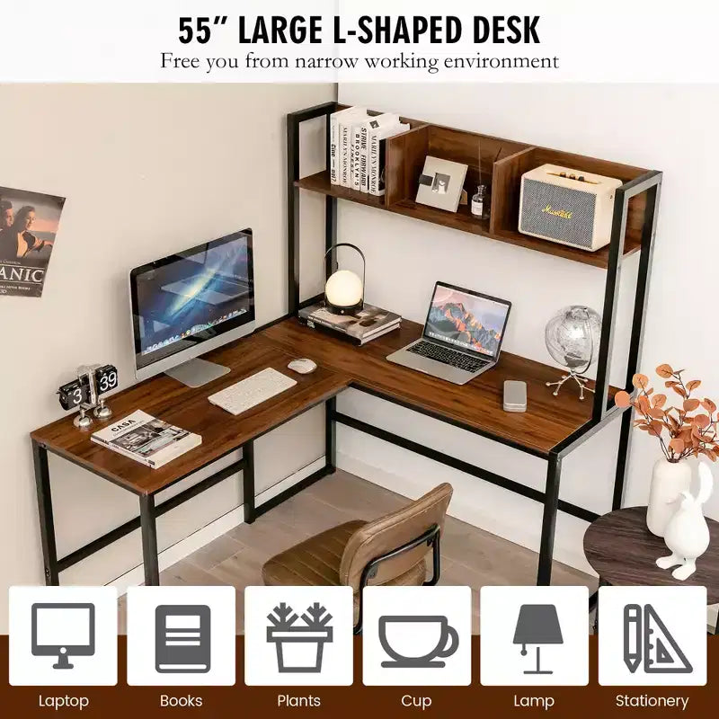 Bureau d'ordinateur d'angle en forme de L de 55 pouces avec étagère de rangement Costway
