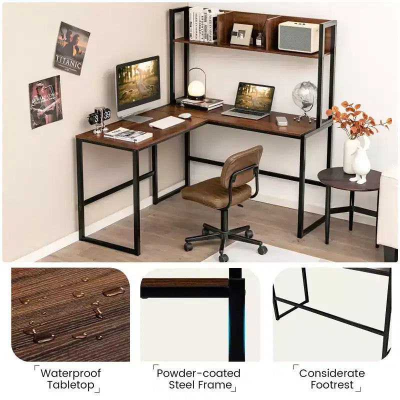Bureau d'ordinateur d'angle en forme de L de 55 pouces avec étagère de rangement Costway
