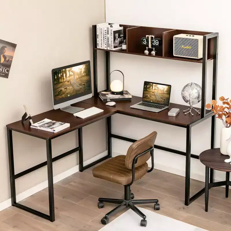 Bureau d'ordinateur d'angle en forme de L de 55 pouces avec étagère de rangement Costway