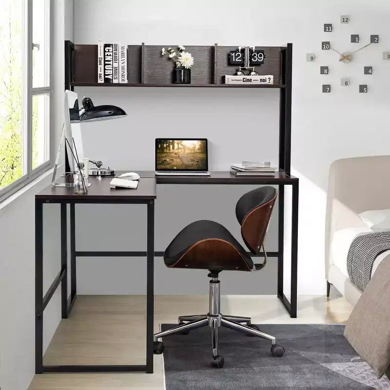 Bureau d'ordinateur d'angle en forme de L de 55 pouces avec étagère de rangement Costway