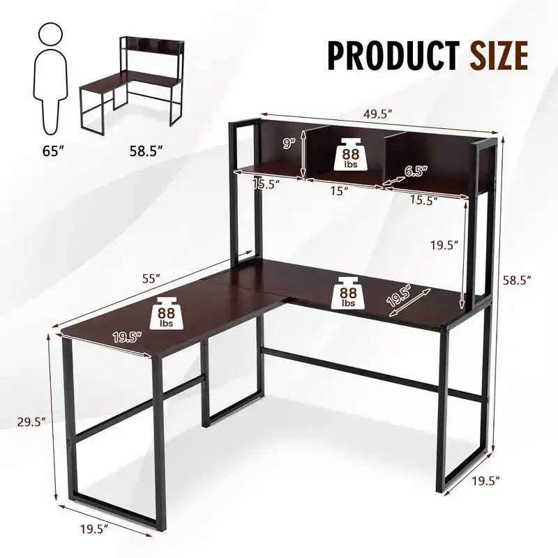 Bureau d'ordinateur d'angle en forme de L de 55 pouces avec étagère de rangement Costway