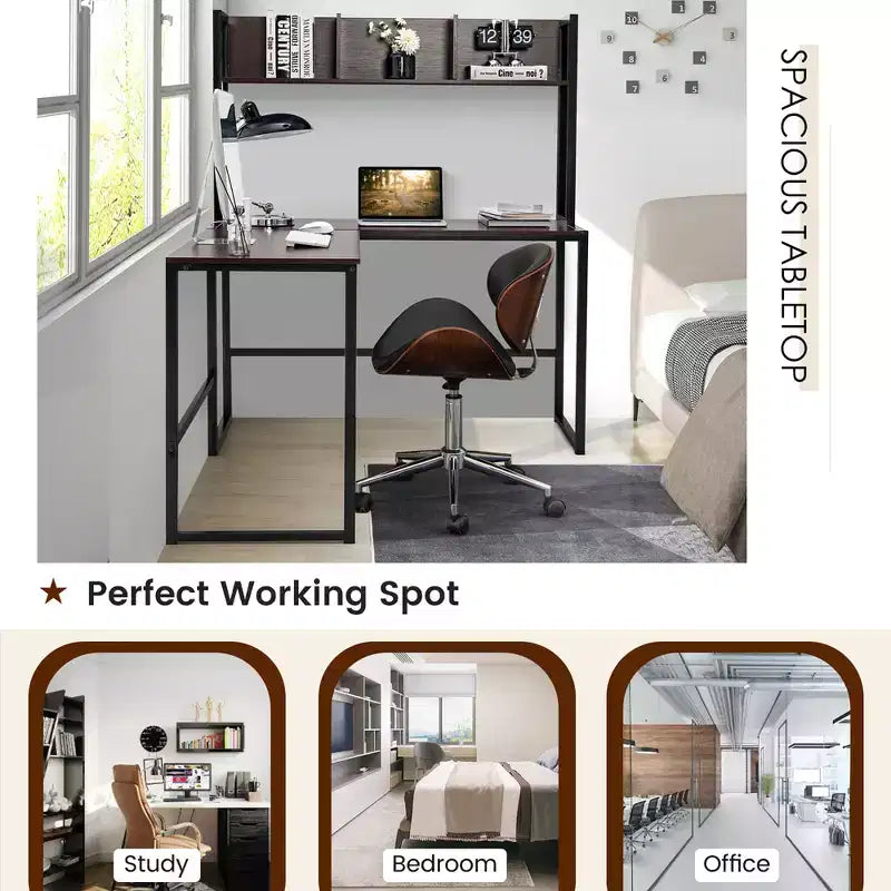 Bureau d'ordinateur d'angle en forme de L de 55 pouces avec étagère de rangement Costway