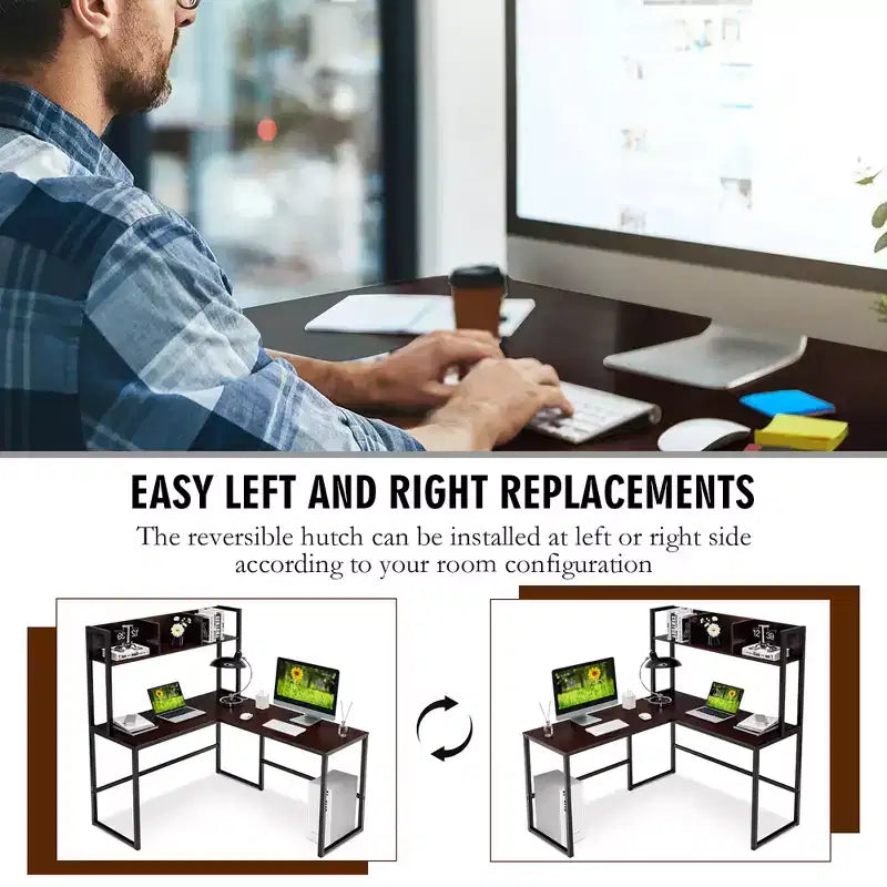 Bureau d'ordinateur d'angle en forme de L de 55 pouces avec étagère de rangement Costway