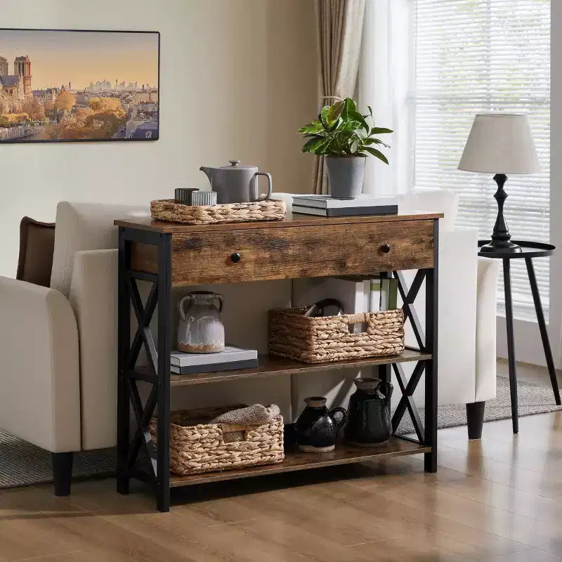 Console vintage en bois Yaheetech avec 1 tiroir et 2 étagères ouvertes